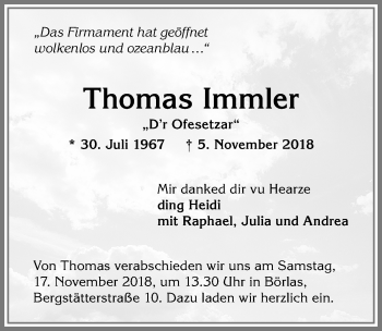 Traueranzeige von Thomas Immler von Allgäuer Anzeigeblatt