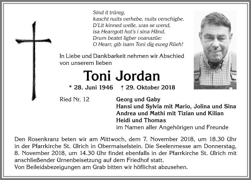  Traueranzeige für Toni Jordan vom 03.11.2018 aus Allgäuer Anzeigeblatt