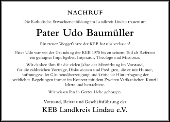 Traueranzeige von Udo Baumüller von Der Westallgäuer