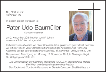 Traueranzeige von Udo Baumüller von Der Westallgäuer