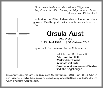 Traueranzeige von Ursula Aust von Allgäuer Zeitung, Kaufbeuren/Buchloe