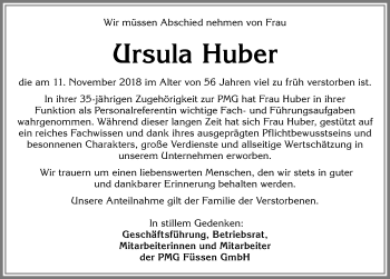 Traueranzeige von Ursula Huber von Allgäuer Zeitung, Füssen