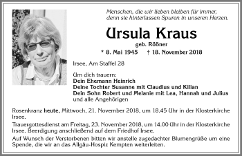 Traueranzeige von Ursula Kraus von Allgäuer Zeitung, Kaufbeuren/Buchloe