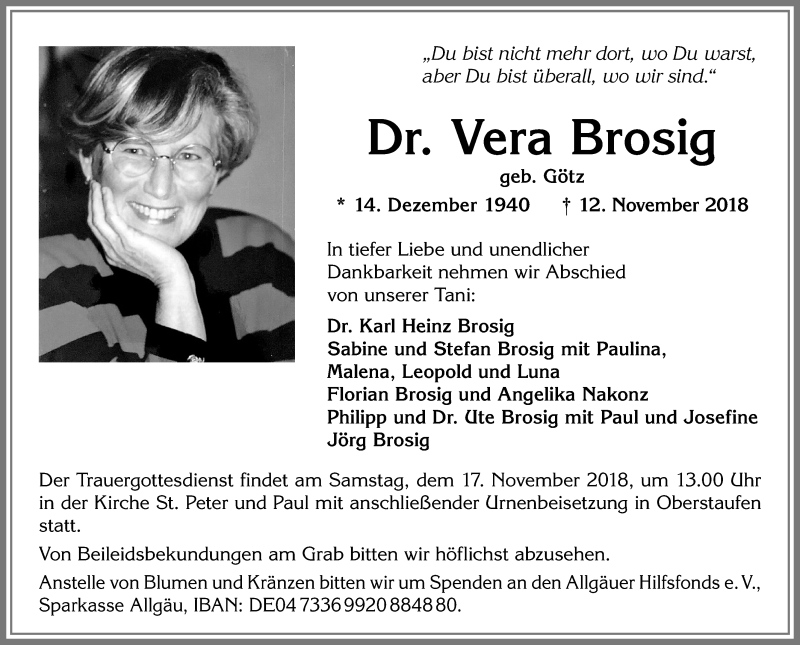  Traueranzeige für Vera Brosig vom 16.11.2018 aus Allgäuer Anzeigeblatt