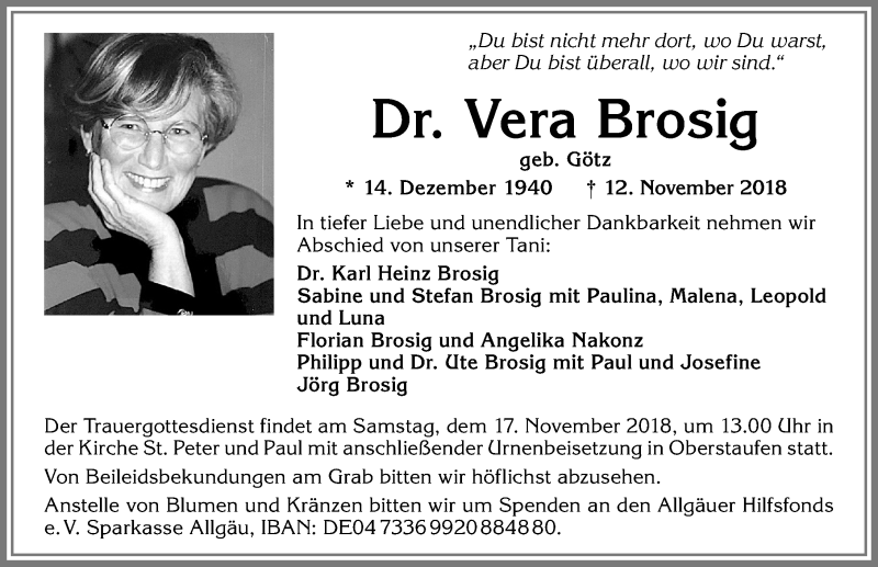  Traueranzeige für Vera Brosig vom 15.11.2018 aus Allgäuer Anzeigeblatt