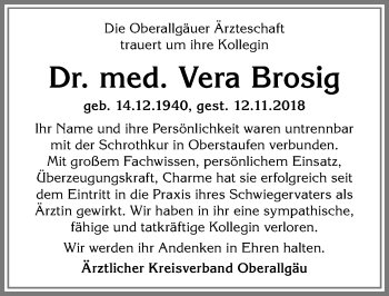 Traueranzeige von Vera Brosig von Allgäuer Anzeigeblatt