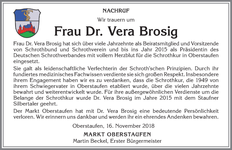  Traueranzeige für Vera Brosig vom 16.11.2018 aus Allgäuer Anzeigeblatt