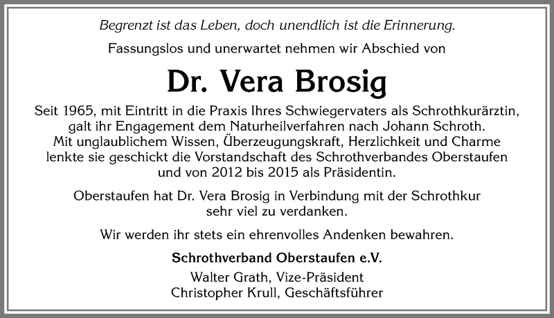  Traueranzeige für Vera Brosig vom 16.11.2018 aus Allgäuer Anzeigeblatt