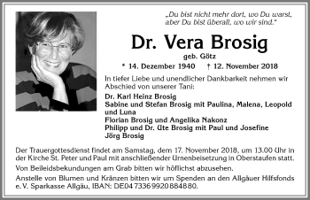 Traueranzeige von Vera Brosig von Allgäuer Anzeigeblatt