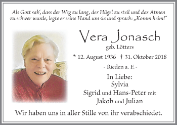 Traueranzeige von Vera Jonasch von Allgäuer Zeitung, Füssen
