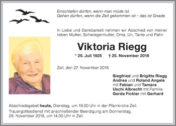 Traueranzeige von Viktoria Riegg von Memminger Zeitung