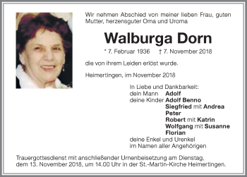 Traueranzeige von Walburga Dorn von Memminger Zeitung
