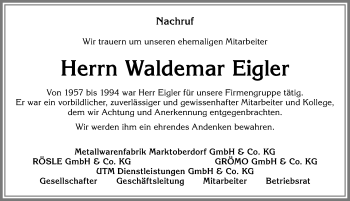 Traueranzeige von Waldemar Eigler von Allgäuer Zeitung, Marktoberdorf