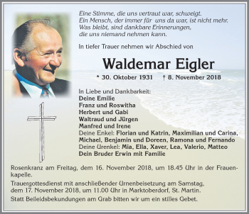 Traueranzeige von Waldemar Eigler von Allgäuer Zeitung, Marktoberdorf
