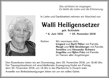 Traueranzeige von Walli Heiligensetzer von Allgäuer Zeitung,Kempten
