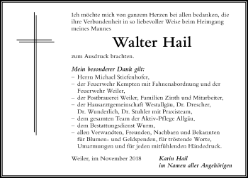 Traueranzeige von Walter Hail von Allgäuer Zeitung