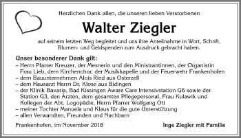 Traueranzeige von Walter Ziegler von Allgäuer Zeitung, Kaufbeuren/Buchloe