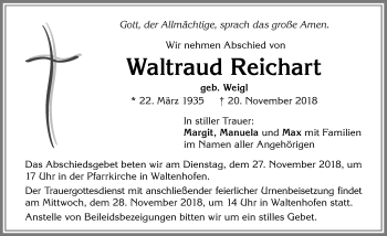 Traueranzeige von Waltraud Reichart von Allgäuer Zeitung,Kempten