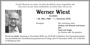 Traueranzeige von Werner Wiest von Allgäuer Zeitung,Kempten