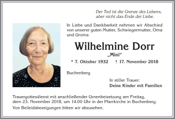 Traueranzeige von Wilhelmine Dorr von Allgäuer Zeitung,Kempten