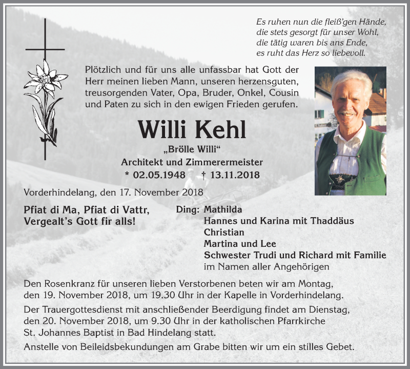  Traueranzeige für Willi Kehl vom 17.11.2018 aus Allgäuer Anzeigeblatt