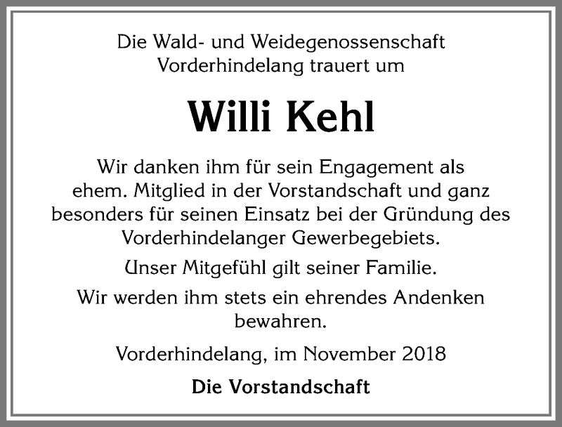  Traueranzeige für Willi Kehl vom 17.11.2018 aus Allgäuer Anzeigeblatt