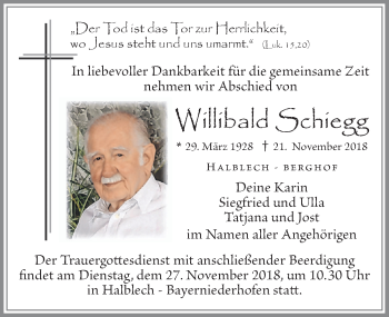 Traueranzeige von Willibald Schiegg von Allgäuer Zeitung, Füssen