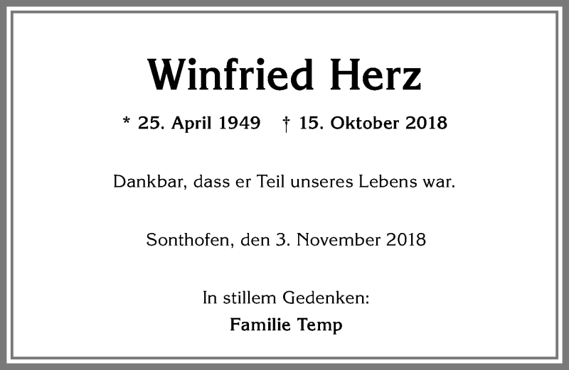  Traueranzeige für Winfried Herz vom 03.11.2018 aus Allgäuer Anzeigeblatt