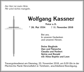 Traueranzeige von Wolfgang Kassner von Allgäuer Zeitung