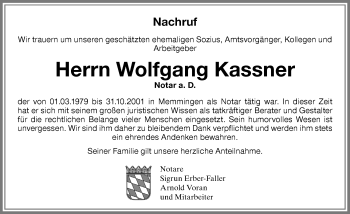 Traueranzeige von Wolfgang Kassner von Memminger Zeitung