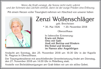 Traueranzeige von Zenzi Wollenschläger von Allgäuer Zeitung,Kempten