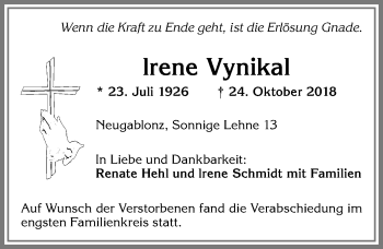 Traueranzeige von lrene Vynikal von Allgäuer Zeitung, Kaufbeuren/Buchloe