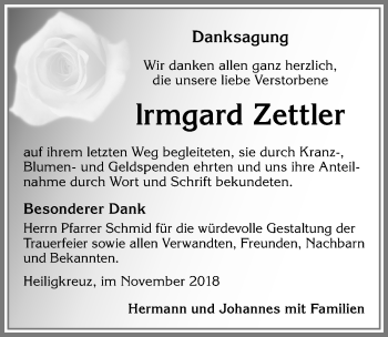 Traueranzeige von lrmgard Zettler von Allgäuer Zeitung,Kempten