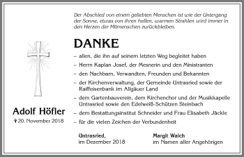 Traueranzeige von Adolf Höfler von Allgäuer Zeitung, Marktoberdorf