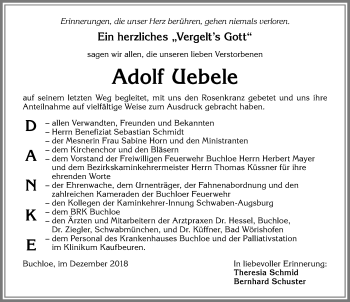 Traueranzeige von Adolf Uebele von Allgäuer Zeitung