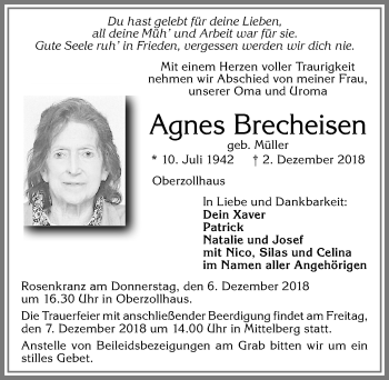 Traueranzeige von Agnes Brecheisen von Allgäuer Zeitung, Füssen