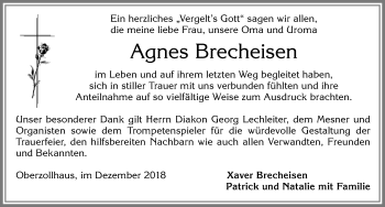 Traueranzeige von Agnes Brecheisen von Allgäuer Zeitung,Kempten
