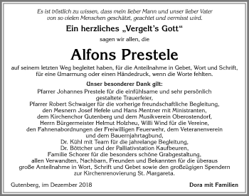 Traueranzeige von Alfons Prestele von Allgäuer Zeitung, Kaufbeuren/Buchloe