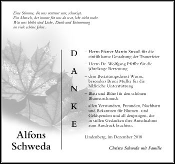 Traueranzeige von Alfons Schweda von Der Westallgäuer