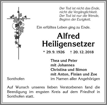 Traueranzeige von Alfred Heiligensetzer von Allgäuer Anzeigeblatt