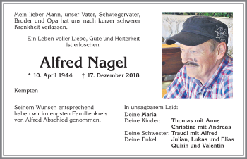 Traueranzeige von Alfred Nagel von Allgäuer Zeitung,Kempten