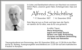 Traueranzeige von Alfred Schlichtling von Allgäuer Zeitung,Kempten