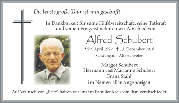Traueranzeige von Alfred Schubert von Allgäuer Zeitung, Füssen