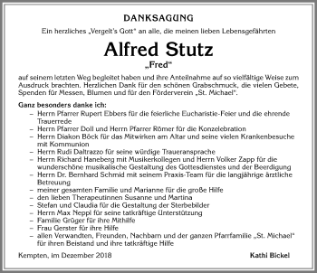 Traueranzeige von Alfred Stutz von Allgäuer Zeitung,Kempten