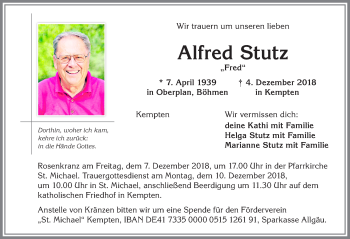 Traueranzeige von Alfred Stutz von Allgäuer Zeitung,Kempten