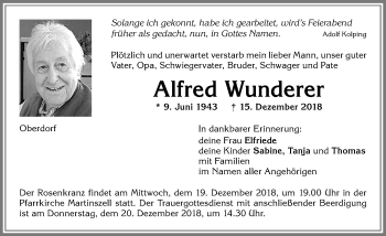 Traueranzeige von Alfred Wunderer von Allgäuer Zeitung