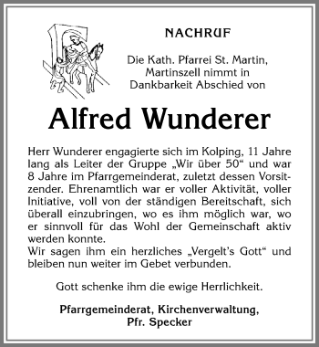 Traueranzeige von Alfred Wunderer von Allgäuer Zeitung