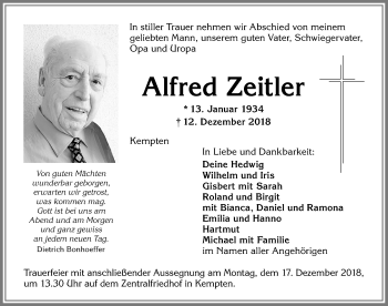 Traueranzeige von Alfred Zeitler von Allgäuer Zeitung,Kempten
