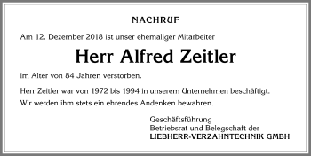 Traueranzeige von Alfred Zeitler von Allgäuer Zeitung,Kempten