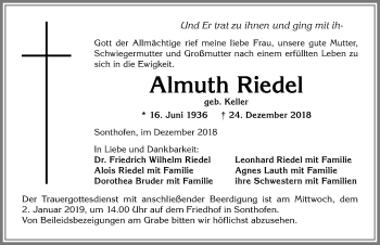 Traueranzeige von Almuth Riedel von Allgäuer Anzeigeblatt